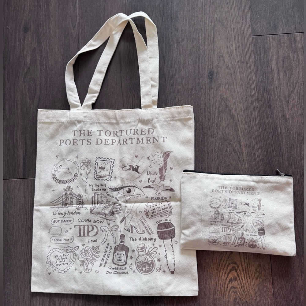 Canvas Tote +Pouch Set w/ Graphic Print of Taylor Swift - The Tortured Poet Dept